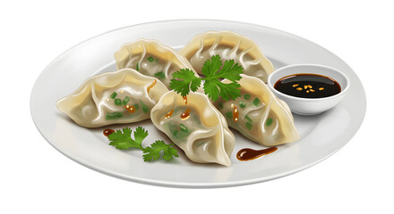 Plate of Steamed Dumplings with Soy Sauce and Fresh Cilantro on White Background