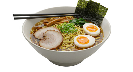 Bowl of Ramen Noodles with Soft Boiled Eggs and Pork Slices in White Soup Dish