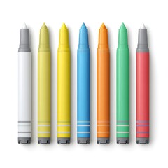 Set of Seven Colorful Marker Pens on White Background