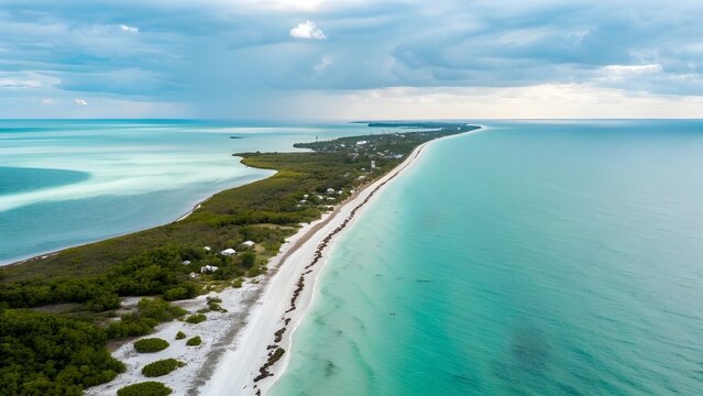Aerial View Of Isla Holbox In Mexico Reveals Pristine Beaches And Crystal Clear Blue Waters, Showcasing The Tranquil Beauty, Tropical Charm, And Relaxed Island Paradise Of The Caribbean