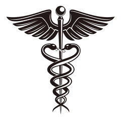 Black Caduceus Icon with Spread Wings and Two Coiled Snakes on White Background medical healthcare