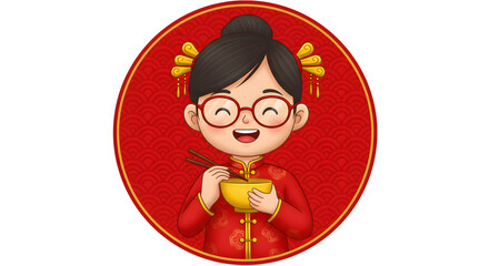 Cute Cartoon Girl Wearing Traditional Red Cheongsam Holding Bowl in Celebration Setting