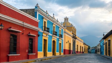 Vibrant Colonial Buildings Line The Streets Of Antigua, Guatemala, With Bright Colors, Historic Charm, And Cobbled Roads Set Against The Majestic Backdrop Of Volcanoes In This Iconic City