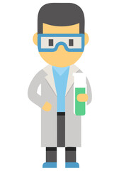 Flat vector illustration of a scientist character in a lab coat and safety goggles holding a test tube for a scientific experiment