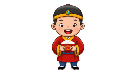 Happy Cartoon Child Boy Wearing Traditional Red Costume Holding Bowl of Rice in Festive Setting