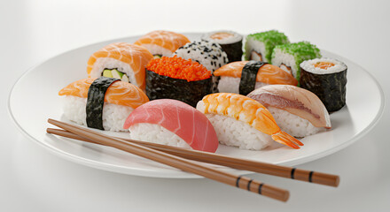 Assorted Sushi Plate with Nigiri and Rolls on White Dish with Chopsticks