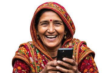 Smiling indian woman holding a smartphone isolated on transparent background