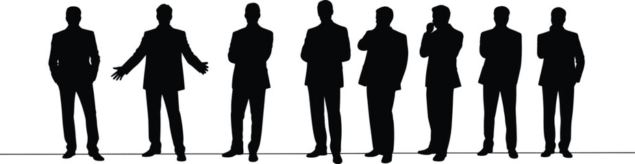 Business silhouettes, formal suits, professional team, corporate stance, leadership concept, teamwork visual, executive group, decision-making pose, office attire, black shadow, 