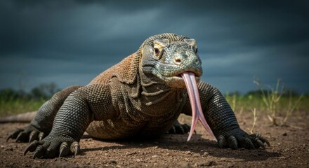 Obraz premium Komodo dragon, tongue extended, on dry ground, dramatic sky