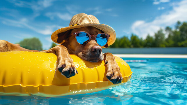 Dog relaxing on a pool float wearing sunglasses and a hat on a sunny day. A brown dog floats on a yellow pool ring in a clear blue swimming pool. The dog wears blue sunglasses and a straw hat, enjoyin