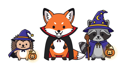 Spooky Friends Unite: A charming trio of woodland creatures dressed up in adorable halloween costumes, ready to embark on a night of trick-or-treating. Evoking a sense of delight and fantasy.