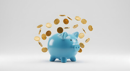 Blue Piggy Bank with Falling Coins in White Background