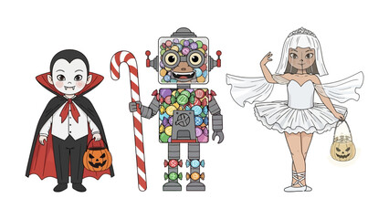 Halloween Characters' Parade: A captivating ensemble of costumed characters, each radiating unique charm – a vampire, a candy-cane-toting robot, and an enchanting fairy.