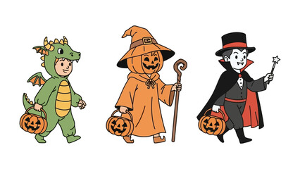 Halloween Fun: Cheerful children dressed in Halloween costumes go trick-or-treating with festive jack-o'-lanterns, capturing the pure delight and childhood experience.