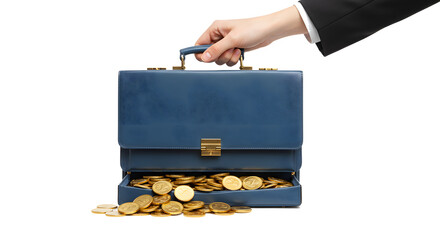 Businesswoman Hand Holding Blue Briefcase Filled with Coins
