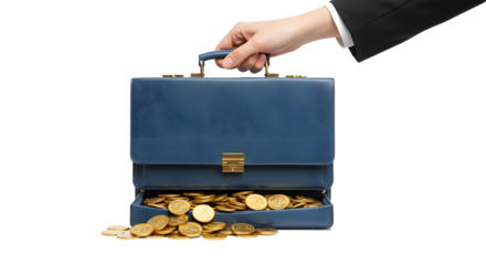 Businesswoman Hand Holding Blue Briefcase Filled with Coins