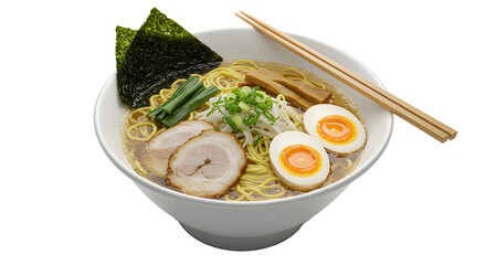 Bowl of Ramen Noodles with Soft Boiled Eggs Pork Nori Green Onions and Bamboo Shoots in White Ceramic Dish