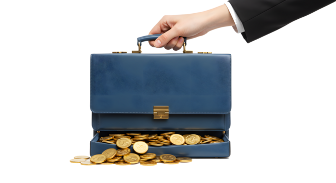 Businesswoman Hand Holding Blue Briefcase Filled with Coins