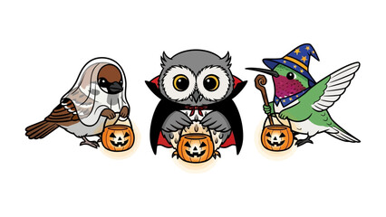 Halloween Avian Crew: Three charming avian friends, each in a playful Halloween costume, proudly hold festive pumpkin treat baskets in an animated and cartoonish representation. 