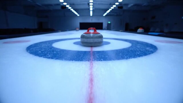 Dolly Push Captures Cool Arena Lighting on Pebbled Ice Curling Sheet with Hog Line