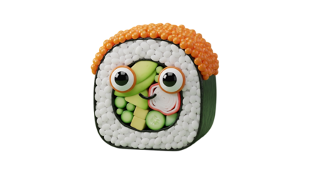 Adorable sushi roll character with big eyes and smile, a fun food illustration for kids menus or playful restaurant branding that brings joy and deliciousness