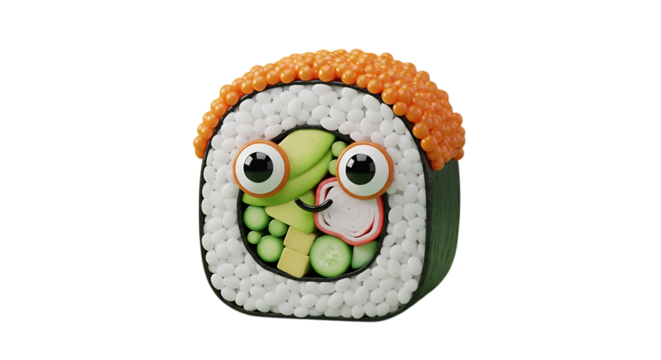 Adorable sushi roll character with big eyes and smile, a fun food illustration for kids menus or playful restaurant branding that brings joy and deliciousness