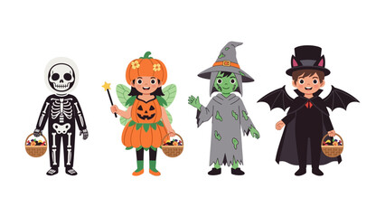 Enchanting Halloween Costumes: A collection of whimsically designed cartoon characters in vibrant Halloween costumes, each bearing treats and smiles in a cheerful celebration.