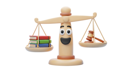 Cute justice scale with books and gavel, conveying education law, legal studies, and the balance between knowledge and judgment in a whimsical way