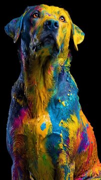 A dog coated in vibrant splashes of blue, yellow, red, and green against a stark black background.!!