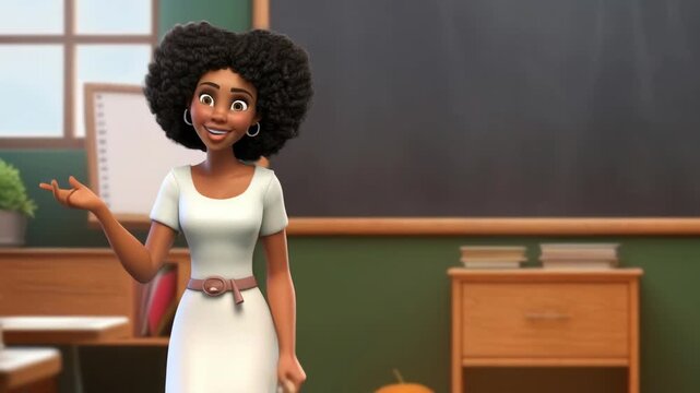 Animated teacher in a classroom, smiling and pointing, captured from a front angle. Ideal for educational video content or learning materials. Live desktop wallpaper.