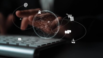Visualization of global digital communication and online across multiple platforms, including global network, digital network, communication network, and online network. Marrow - Powered by Adobe