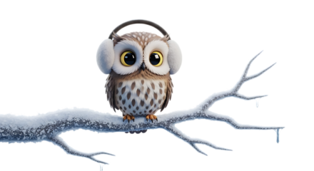 Adorable owl perched on snowy branch wearing cozy earmuffs brings winter charm and whimsical delight to children's books and seasonal designs.
