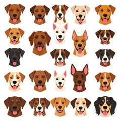 Collection of various dog head portraits.  Flat design, diverse breeds