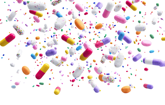 Colorful pills and capsules scattered in the air - Powered by Adobe