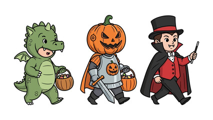 Happy Halloween Characters: Three charming characters dressed in festive Halloween costumes, a playful dragon, a pumpkin knight, and a sophisticated vampire, each holding a treat basket.