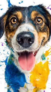 Close-up of a happy dog with brown/black fur and vibrant paint splatters on its coat. Bright nose.!!