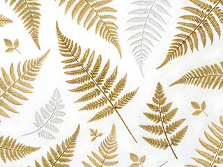 Luxurious seamless pattern featuring scattered golden botanical fern fronds and silver leaves on a bright white surface.