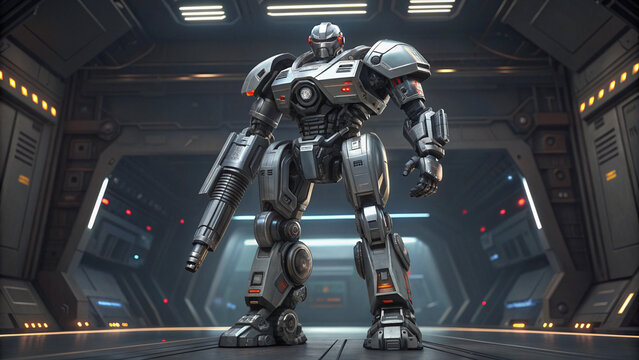 An advanced sci-fi armored suit design showcasing a sleek, metallic body and red optical sensors in a dark setting.