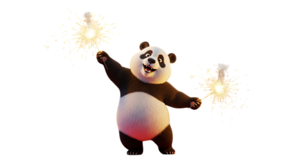 Adorable panda bear celebrates with festive sparklers, spreading joy and excitement - perfect for party invitations, holiday promotions, and cheerful greetings