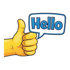 Yellow thumbs up gesture with blue hello speech bubble isolated on transparent background