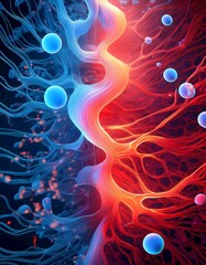 Vibrant abstract illustration depicting interconnected biological pathways, a visual representation of energy flow and cellular communication