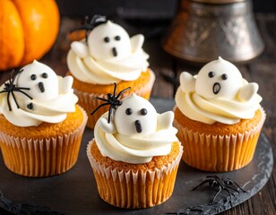 Spooky ghost cupcakes with buttercream frosting for Halloween parties and spooky fun
