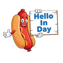 Happy cartoon hot dog character holding a hello in day sign isolated on transparent background