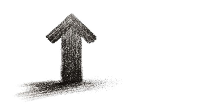 Upward-pointing arrow, drawn in dark gray, with textured, smudged edges, suggestive of charcoal or graphite