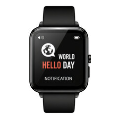 Smartwatch displaying world hello day notification isolated on transparent background