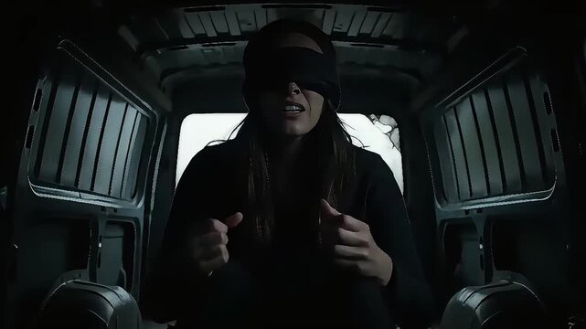 A distraught blindfolded woman, hands clenched, appears to be held captive in a dark van