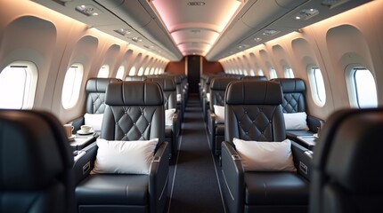Luxurious airplane cabin with leather seats and soft lighting.