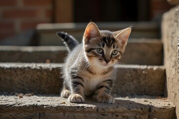 portrait of a cat sitting on stairs, a cute baby cat