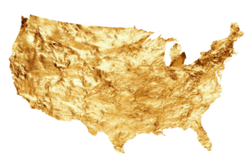 A gold colored map of the United States
