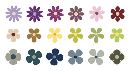 A set of flower icons in trending colors. Multicolored daisies isolated on a white background, flat design, vector. Blooming Abstract Floral Various Organic Botanical Elements for Decoration, Design